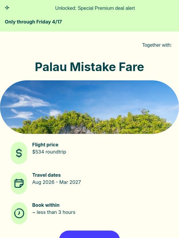 🤩👀 *mistake fare, never sent* Palau — $534 (Aug-Mar) email from Going