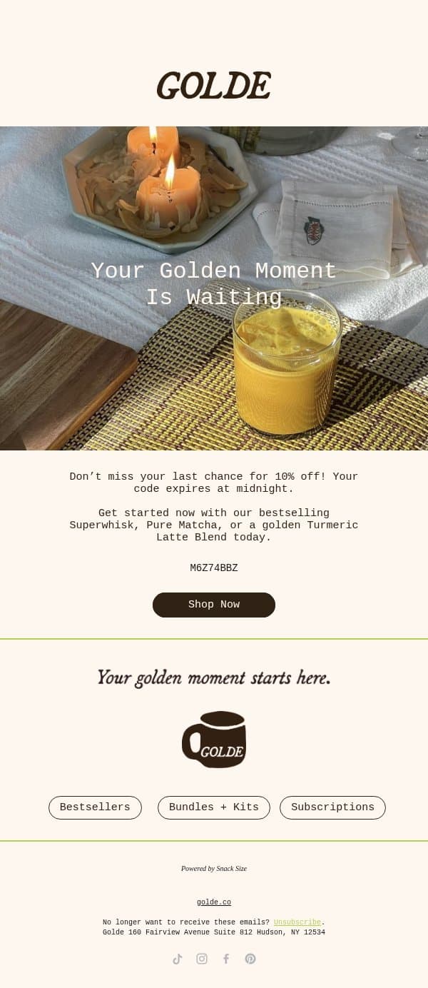 Last call for 10% off email from Golde screenshot