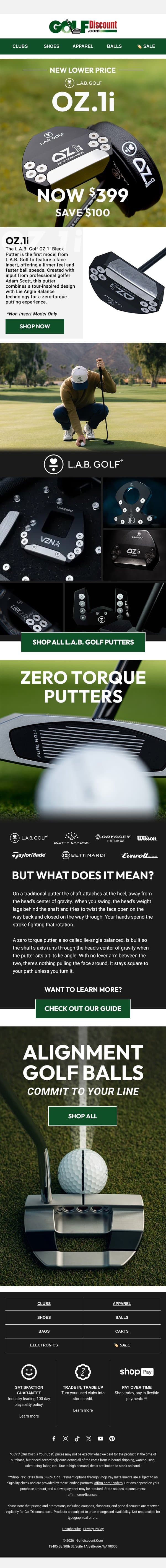 LAB Golf OZ.1i Black Putter Now $399, Save $100 email from Golf Discount screenshot