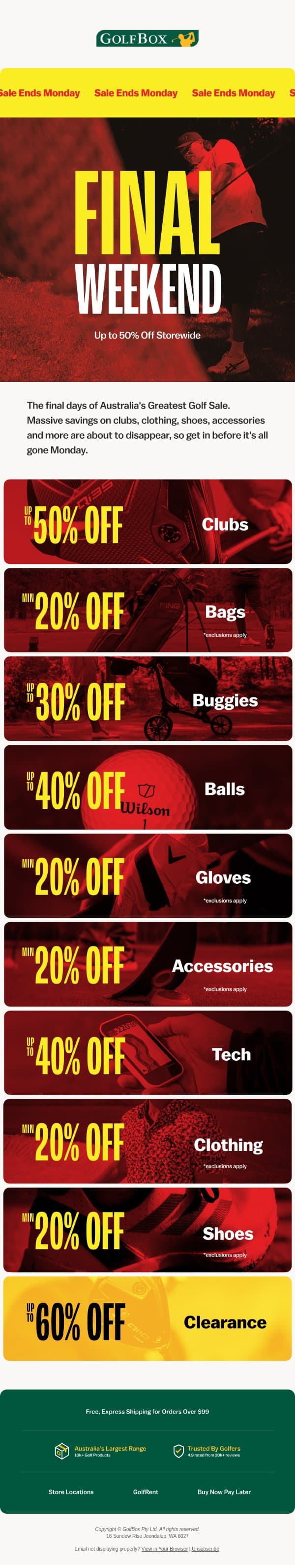 ⏳ Australia's Greatest Golf Sale ENDS Monday! email from GolfBox screenshot