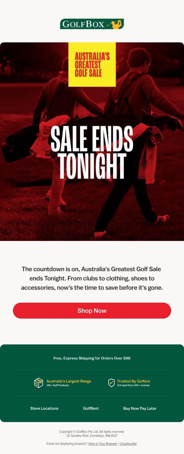 🧨 Hurry Up To 50% Off ENDS TONIGHT! email from GolfBox screenshot