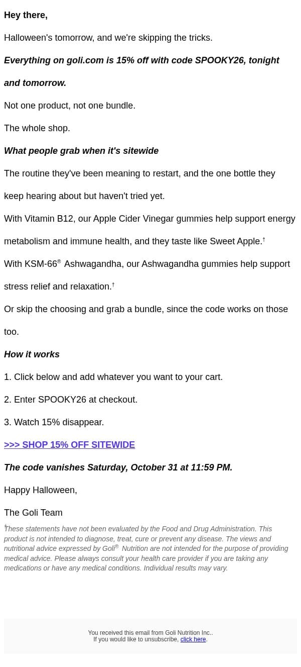 the spooky part is how much you save email from Goli Nutrition screenshot