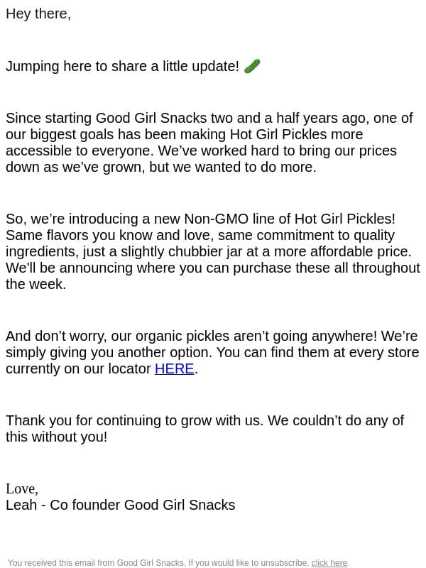 Note from the founder 🥒 email from Good Girl Snacks