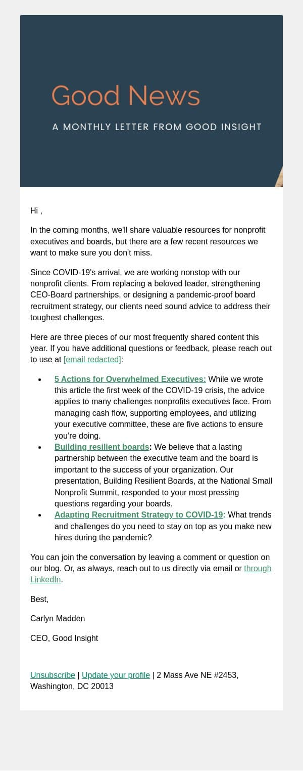 Actionable advice for nonprofit leaders and boards email from Good Insight screenshot
