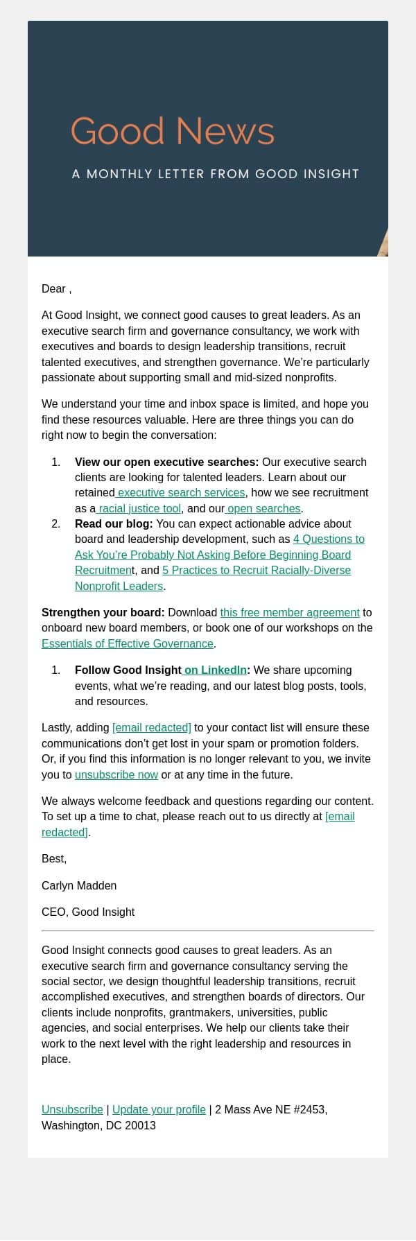Thanks for joining our community! We’re glad you’re here. email from Good Insight screenshot