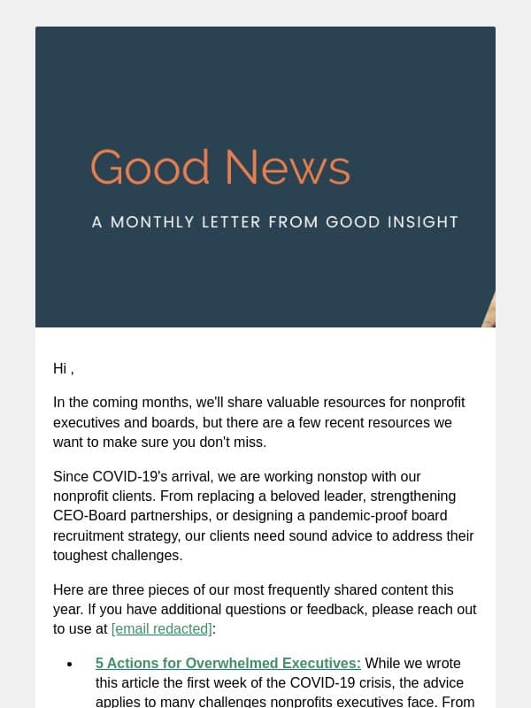 Actionable advice for nonprofit leaders and boards email from Good Insight