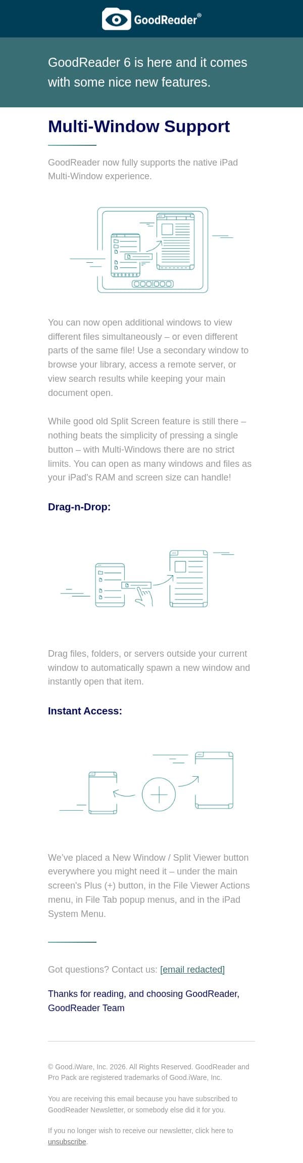 GoodReader 6: Multi-Window Support email from GoodReader screenshot