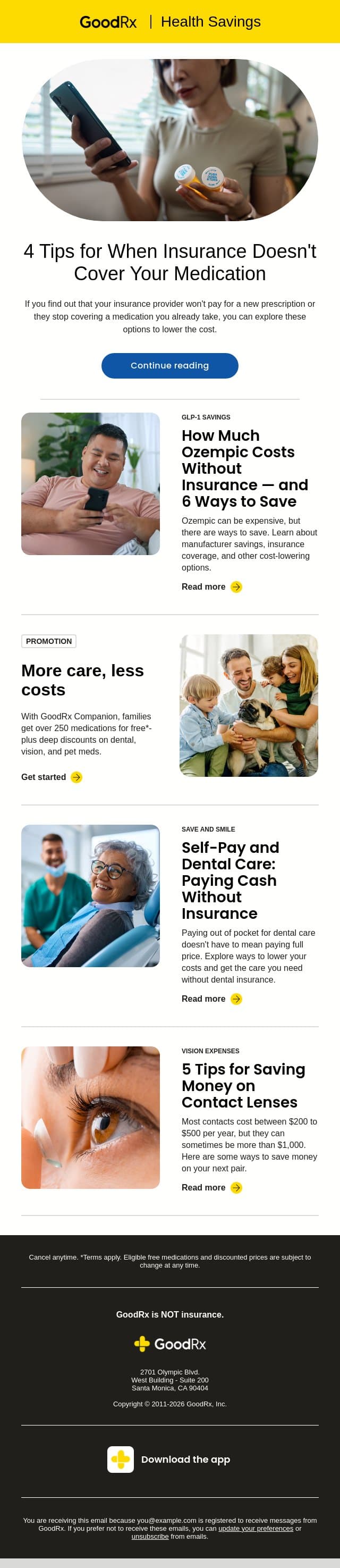 4 Tips When Insurance Doesn't Cover Your Medication email from GoodRx Care screenshot