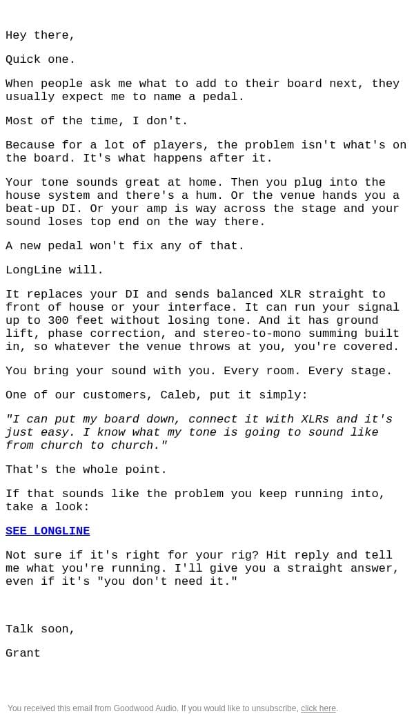 Before you buy another pedal email from Goodwood Audio screenshot