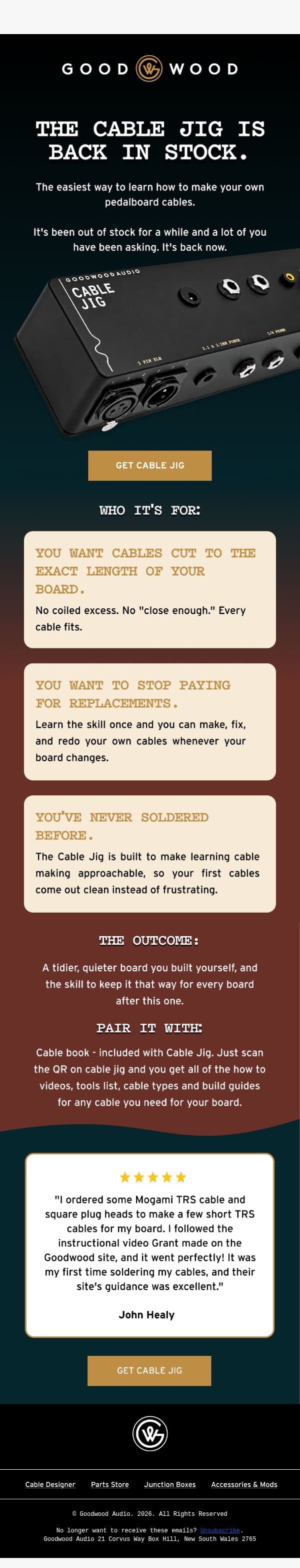 Cable Jig is back in stock email from Goodwood Audio screenshot