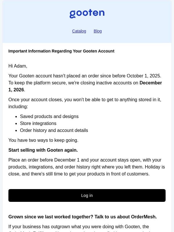 Your Gooten account closes December 1 email from Gooten