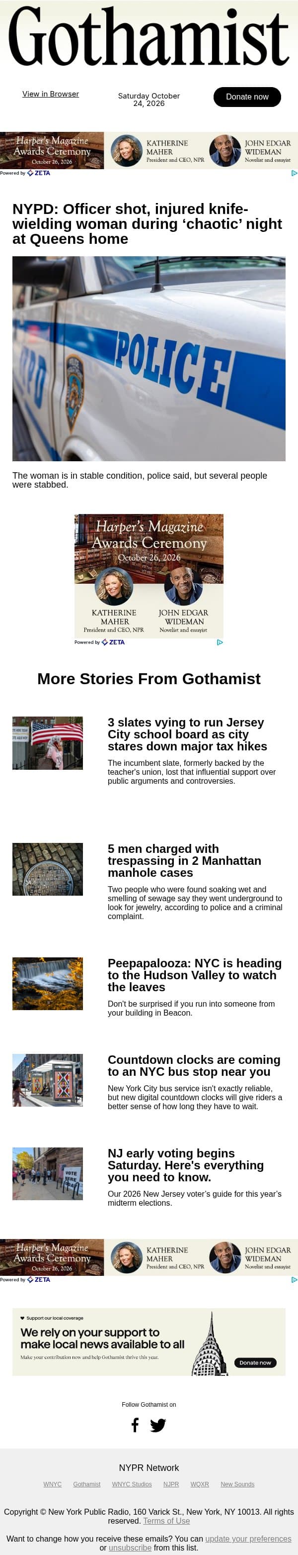 Police shot and injured armed woman in Queens attack email from Gothamist screenshot