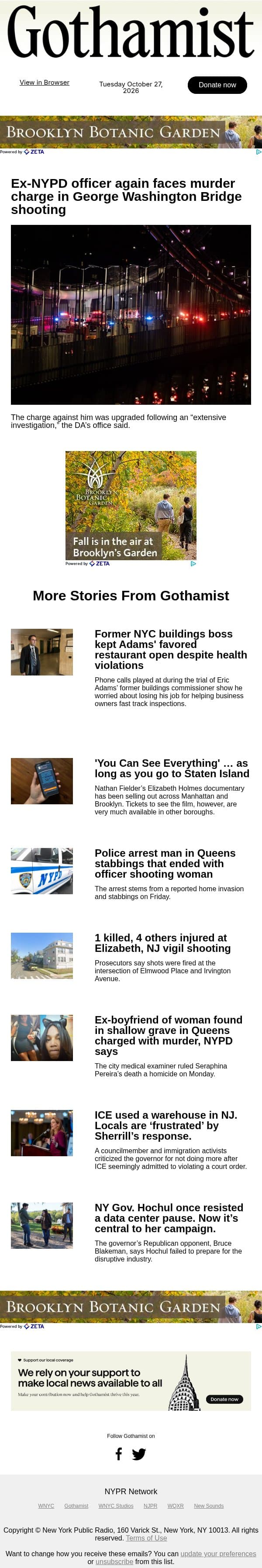 Ex-NYPD officer again faces murder charge in GWB shooting email from Gothamist screenshot