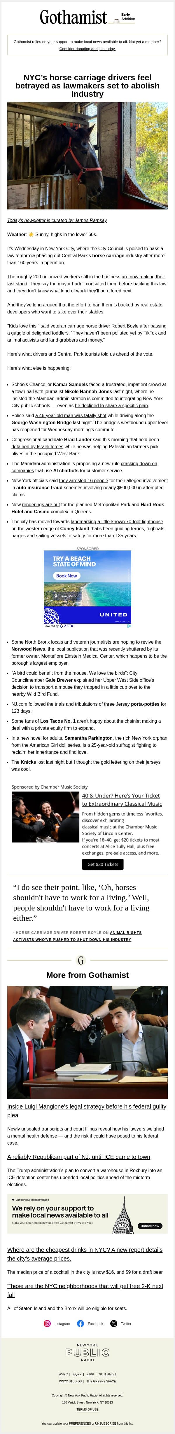 NYC’s horse carriage drivers feel betrayed email from Gothamist screenshot