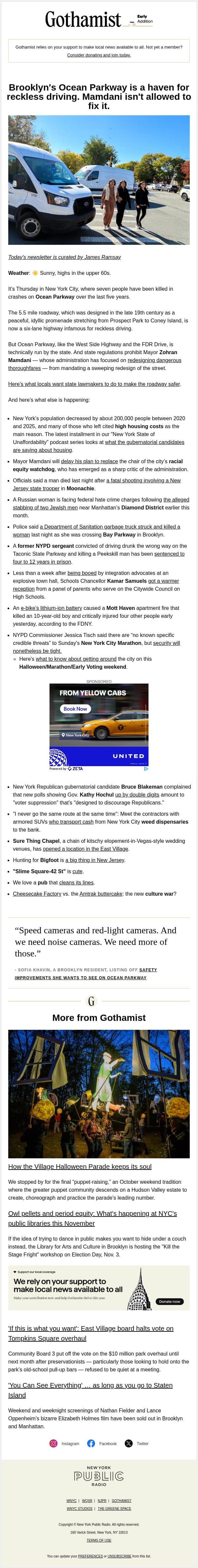 Ocean Parkway is a haven for reckless driving. Mamdani can't fix it. email from Gothamist screenshot