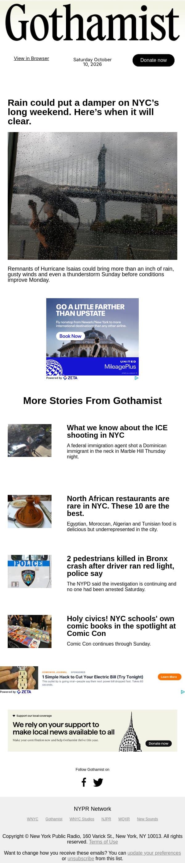 Rain could put a damper on NYC’s long weekend. Here’s when it will clear. email from Gothamist screenshot