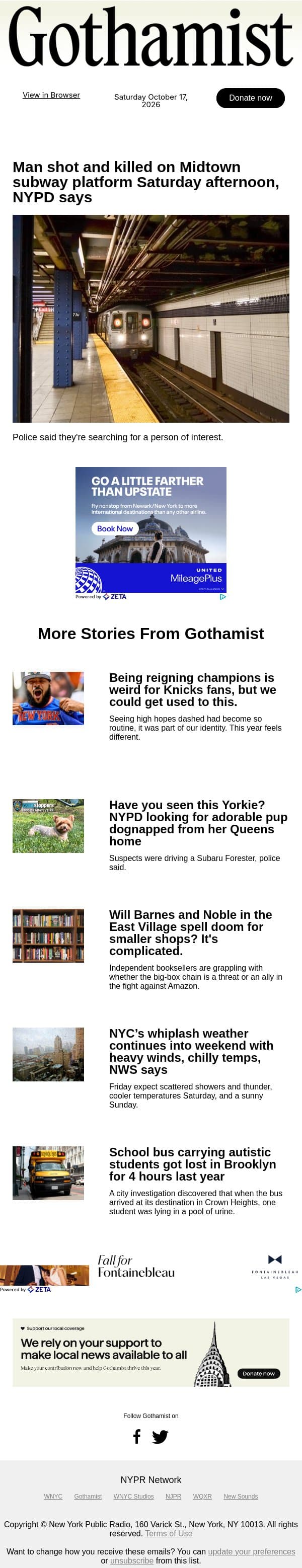 Man shot and killed Saturday afternoon at Midtown subway stop email from Gothamist screenshot