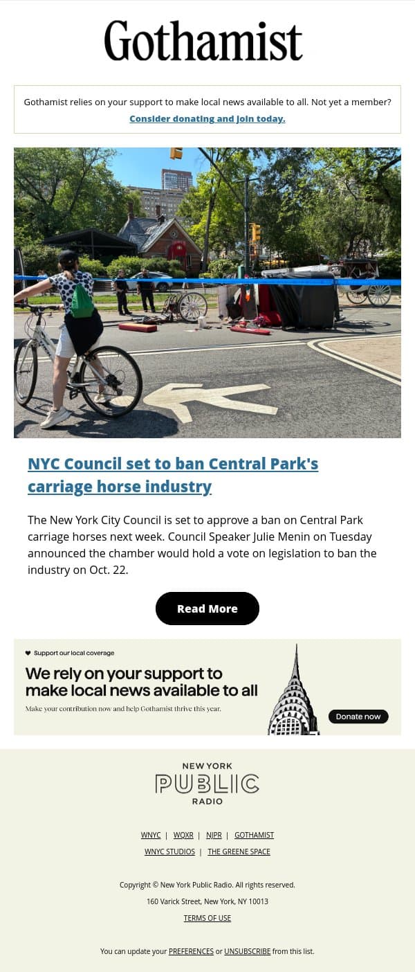City Council set to ban Central Park carriage horses email from Gothamist screenshot