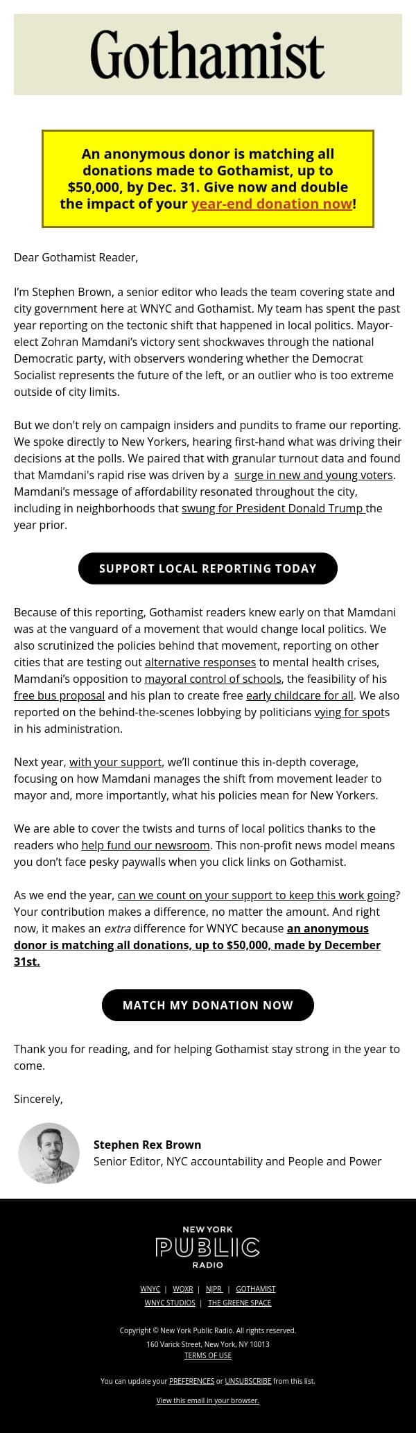 Your year-end gift will be matched! email from Gothamist screenshot
