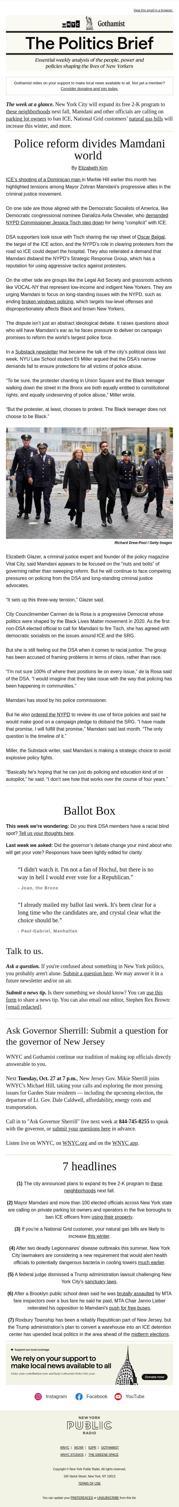 The Mamdani world divide over the NYPD email from Gothamist screenshot