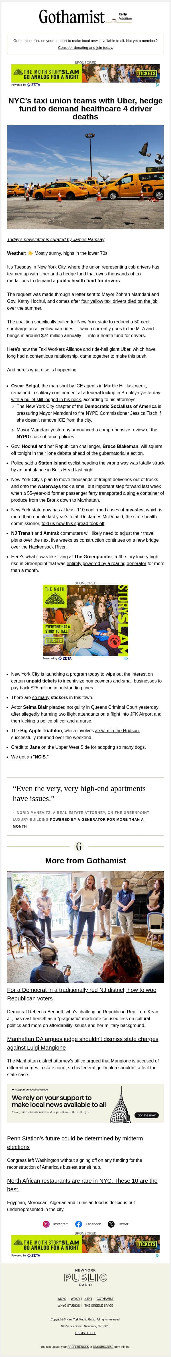 Taxi union, Uber demand healthcare for drivers email from Gothamist screenshot