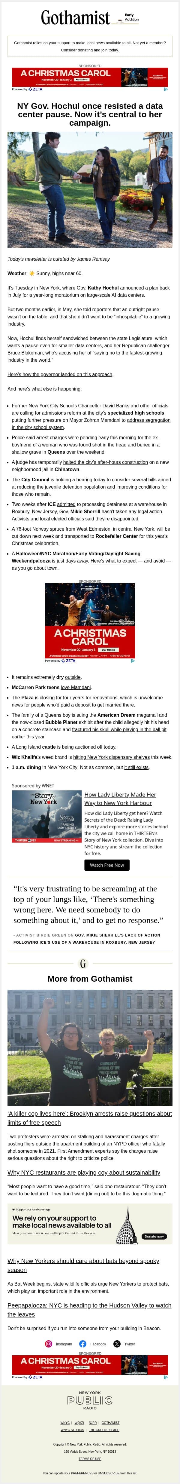 Gov. Hochul's change of tune on data centers email from Gothamist screenshot