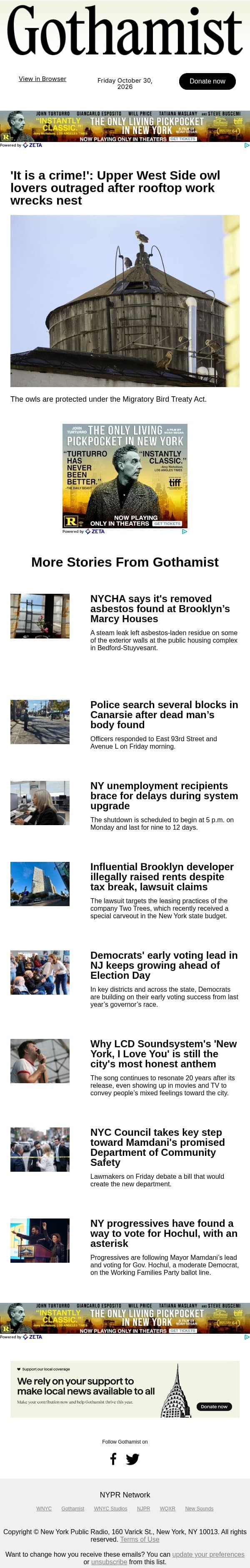 Owl lovers outraged after UWS rooftop work wrecks nest email from Gothamist screenshot