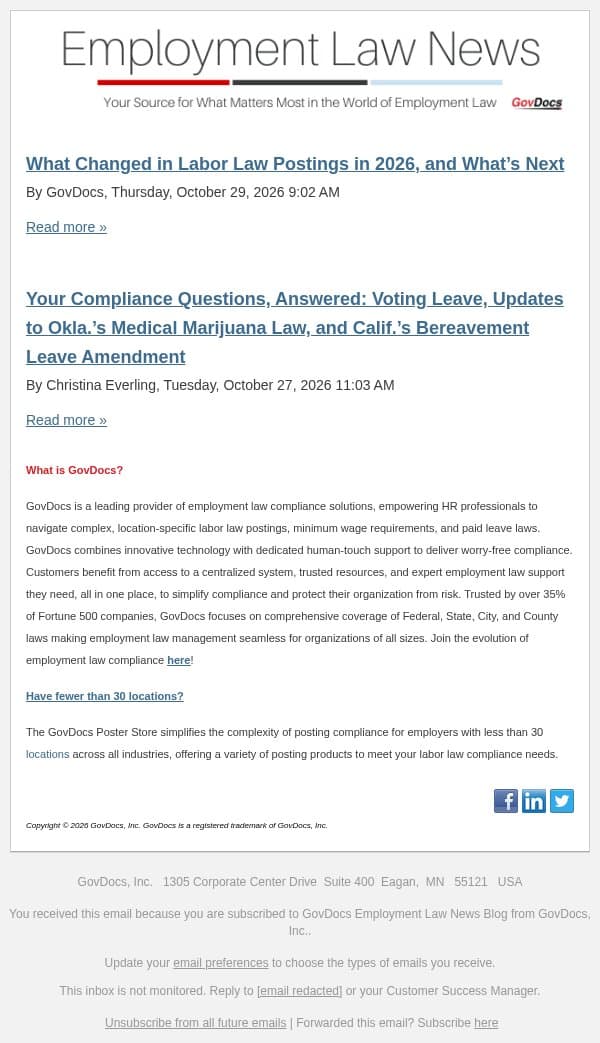 What Changed in Labor Law Postings in 2026, and What’s Next email from GovDocs screenshot