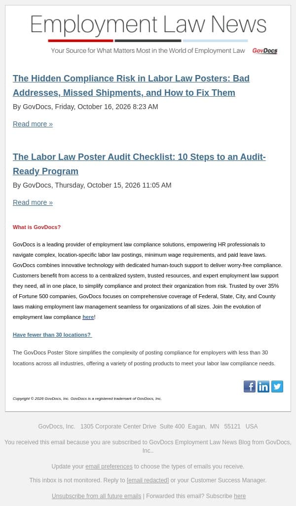 The Hidden Compliance Risk in Labor Law Posters: Bad Addresses, Missed Shipments, and How to Fix Them email from GovDocs screenshot