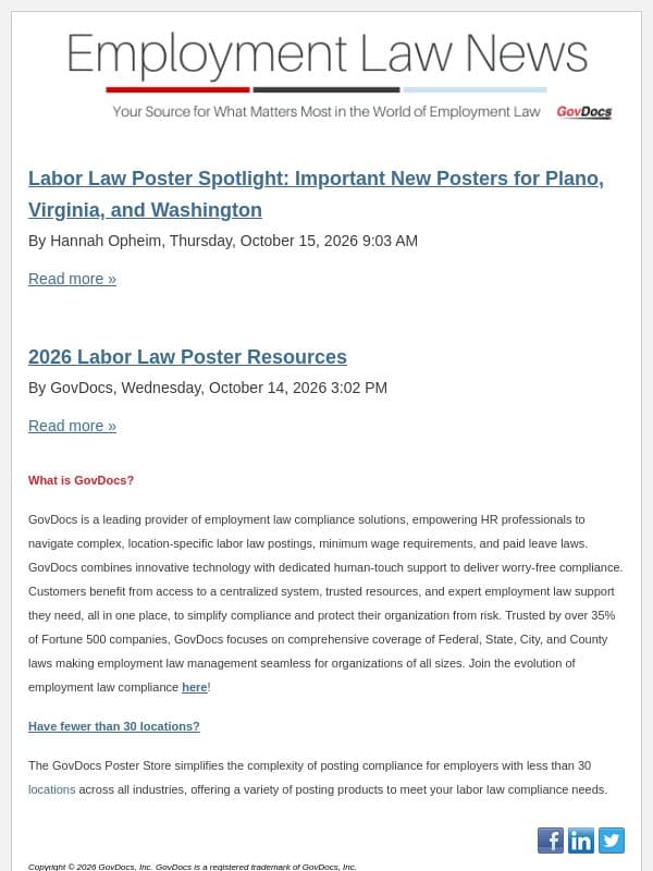 Labor Law Poster Spotlight: Important New Posters for Plano, Virginia, and Washington email from GovDocs