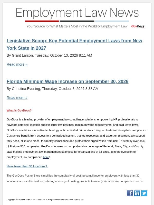 Legislative Scoop: Key Potential Employment Laws from New York State in 2027 email from GovDocs