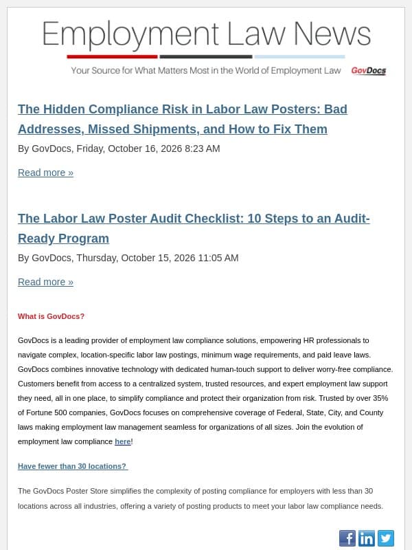 The Hidden Compliance Risk in Labor Law Posters: Bad Addresses, Missed Shipments, and How to Fix Them email from GovDocs