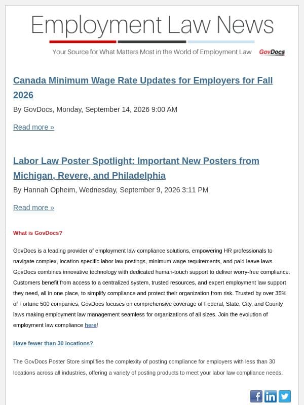 Canada Minimum Wage Rate Updates for Employers for Fall 2026 email from GovDocs