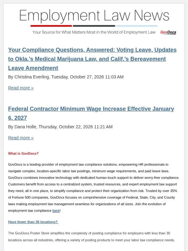 Your Compliance Questions, Answered: Voting Leave, Updates to Okla.’s Medical Marijuana Law, and Calif.’s Bereavement Leave Amendment email from GovDocs