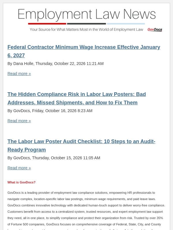 Federal Contractor Minimum Wage Increase Effective January 6, 2027 email from GovDocs