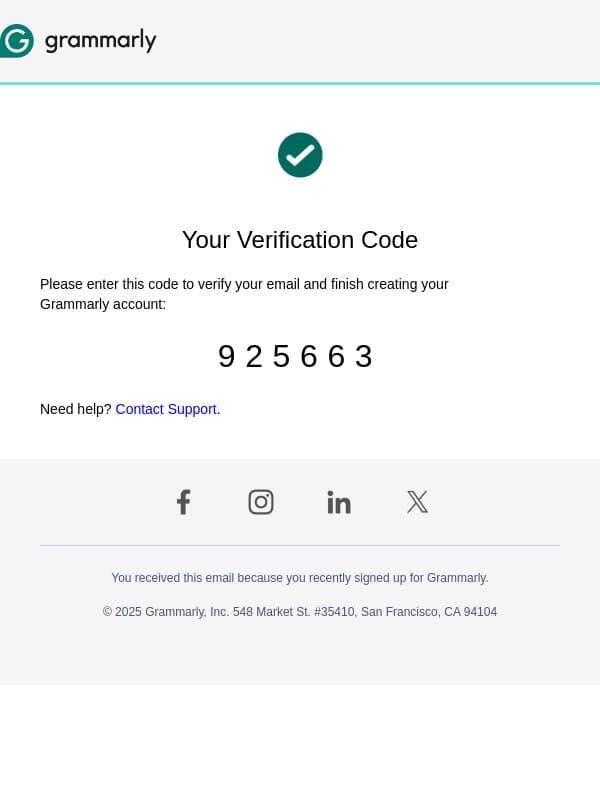 925663 is your confirmation Code email from Grammarly screenshot