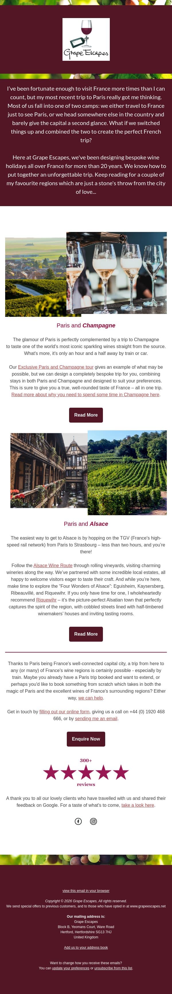 Are you planning a trip to Paris? email from Grape Escapes screenshot