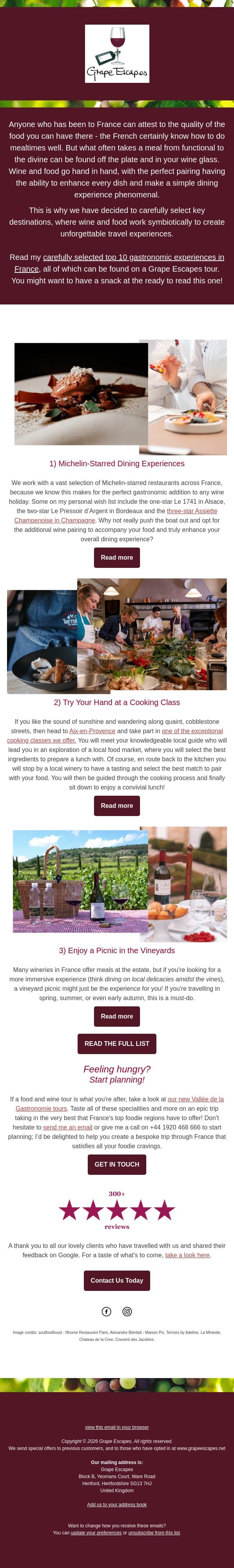 Top 10 gastronomic experiences in France email from Grape Escapes screenshot