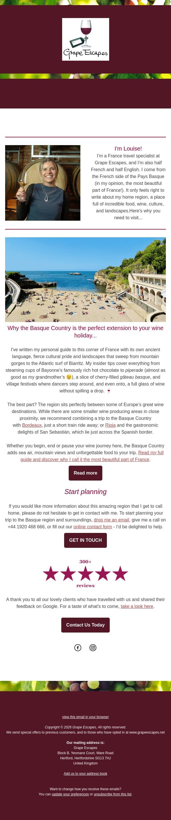 Don't miss this if you're going to Bordeaux or Rioja email from Grape Escapes screenshot