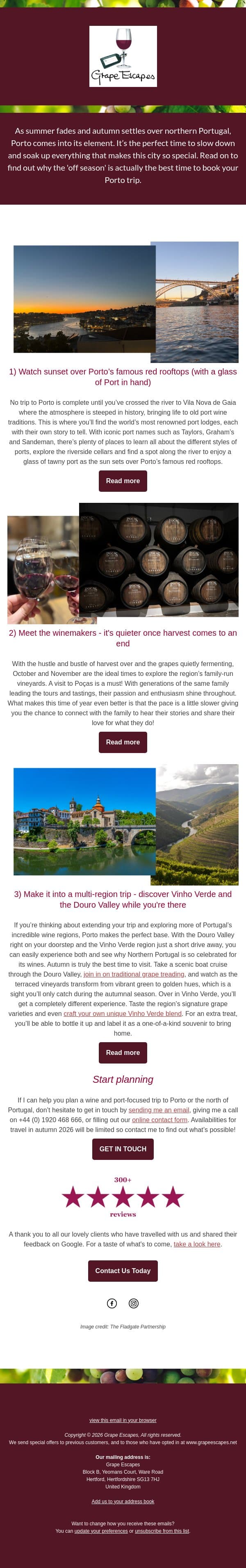 The most underrated time to visit Porto email from Grape Escapes screenshot