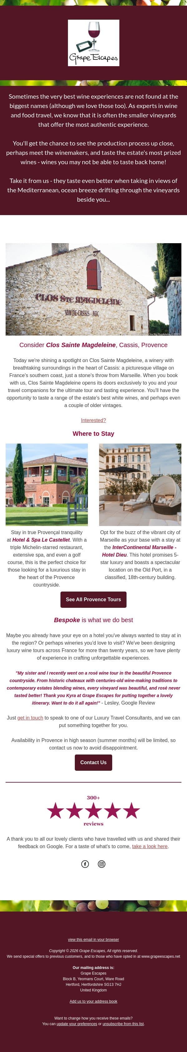 An exclusive winery experience for you email from Grape Escapes screenshot