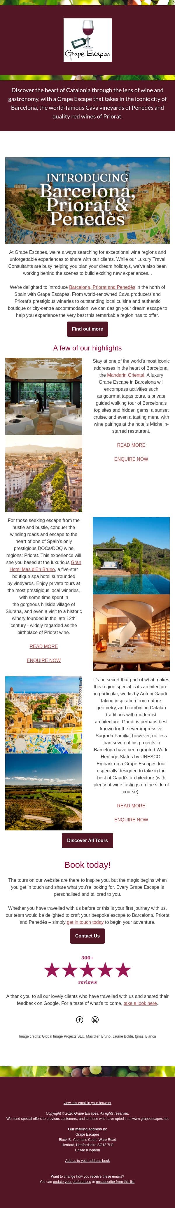 Introducing Barcelona, Priorat & Penedès email from Grape Escapes screenshot