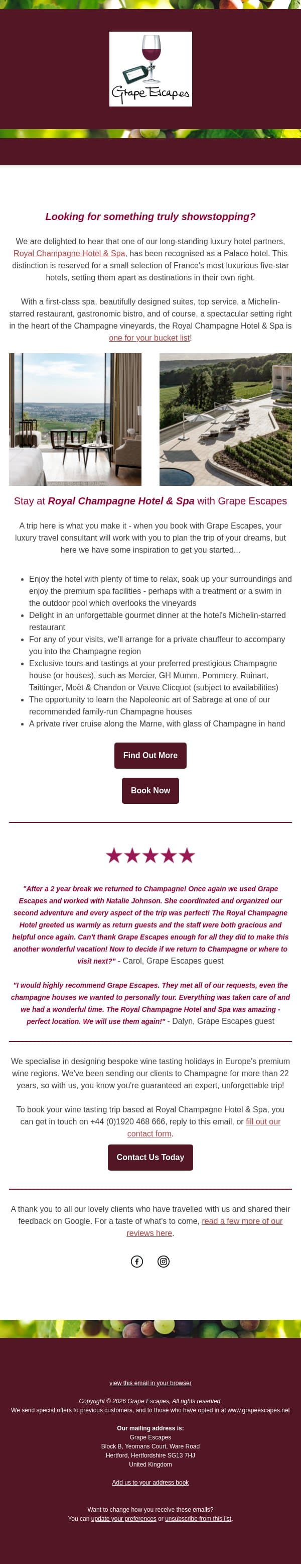 Champagne experiences worth more than 5 stars email from Grape Escapes screenshot