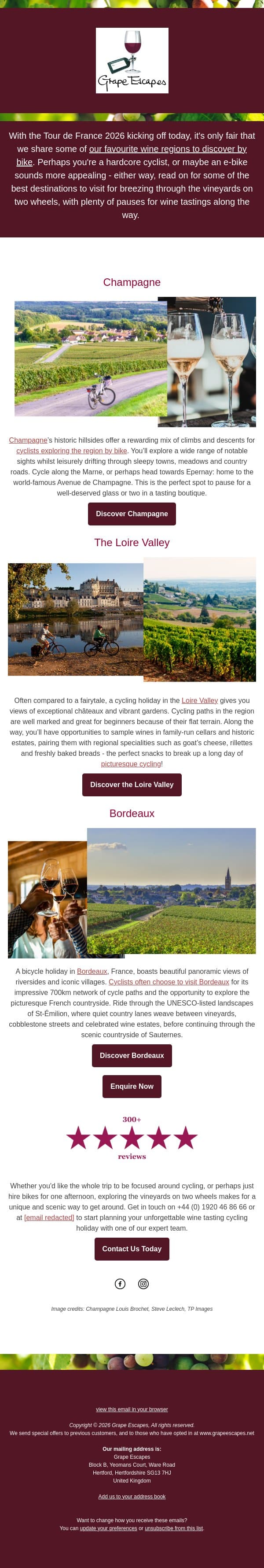Our favourite wine regions to explore by bike email from Grape Escapes screenshot