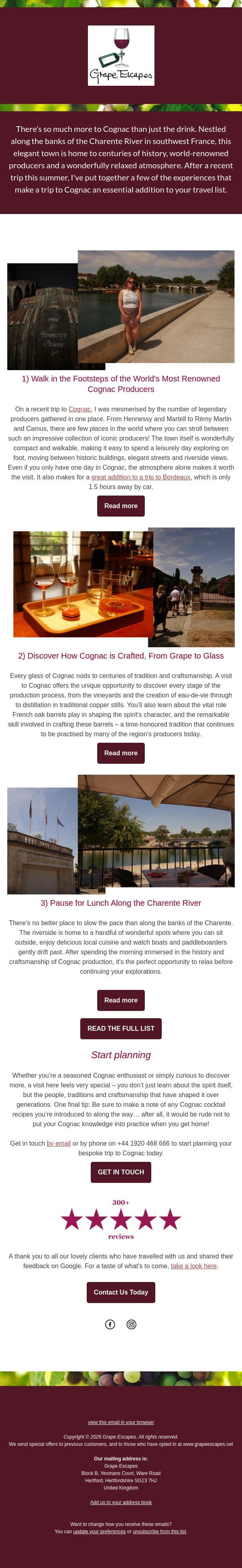 5 experiences you can only have in Cognac email from Grape Escapes screenshot