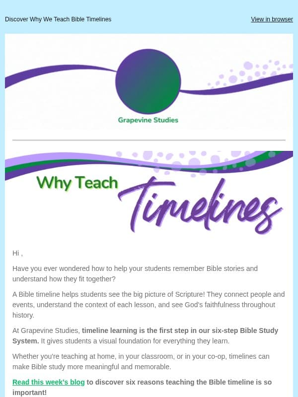 Are Your Students Seeing the Big Picture of the Bible? email from Grapevine Studies