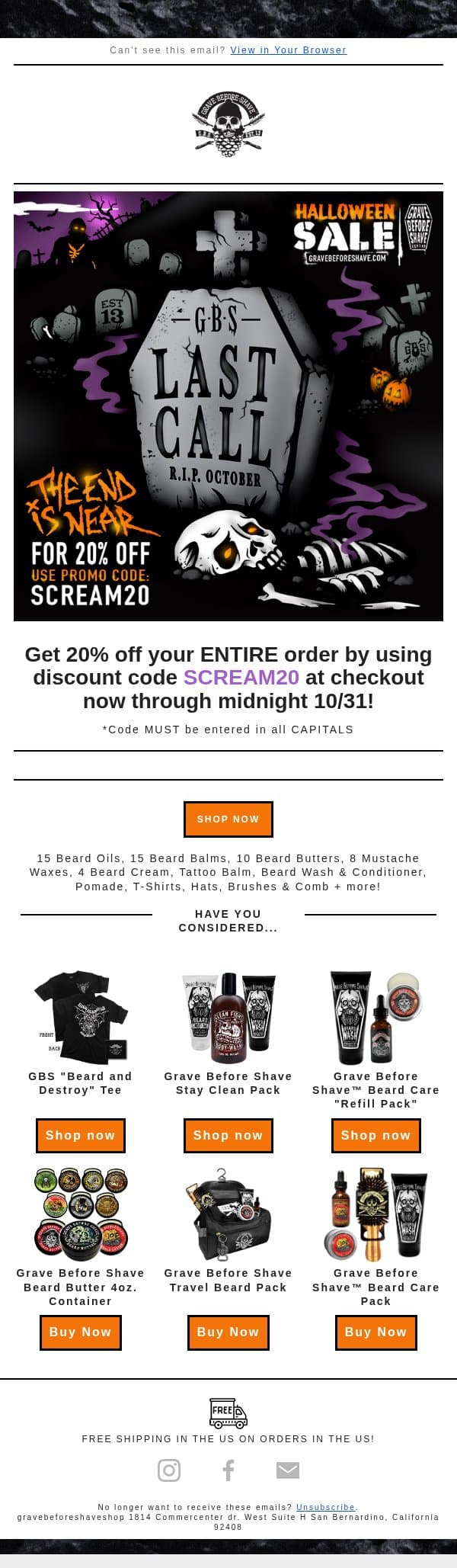 🎃THE END IS NEAR, 20% off ends @ midnight! tomorrow👻 email from Grave Before Shave screenshot