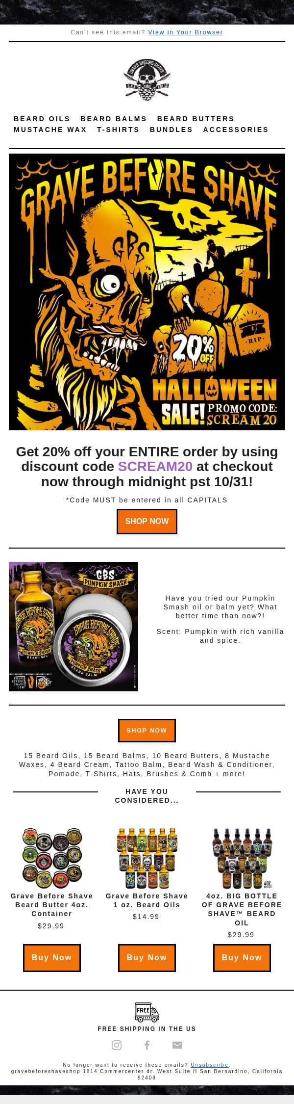 🎃Trick or Treat.....20% OFF is winding down👻 email from Grave Before Shave screenshot