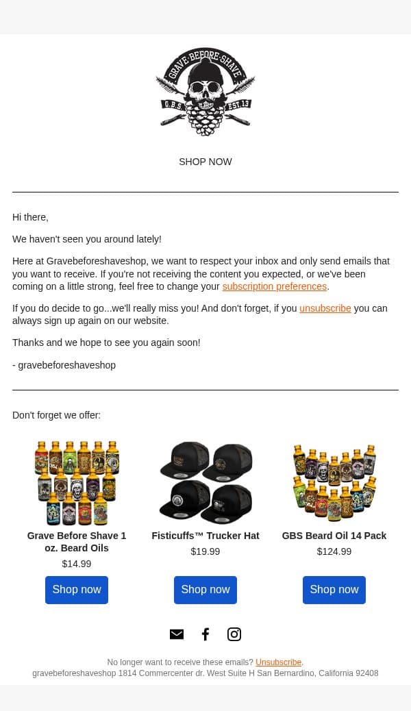 Time to say goodbye? email from Grave Before Shave screenshot