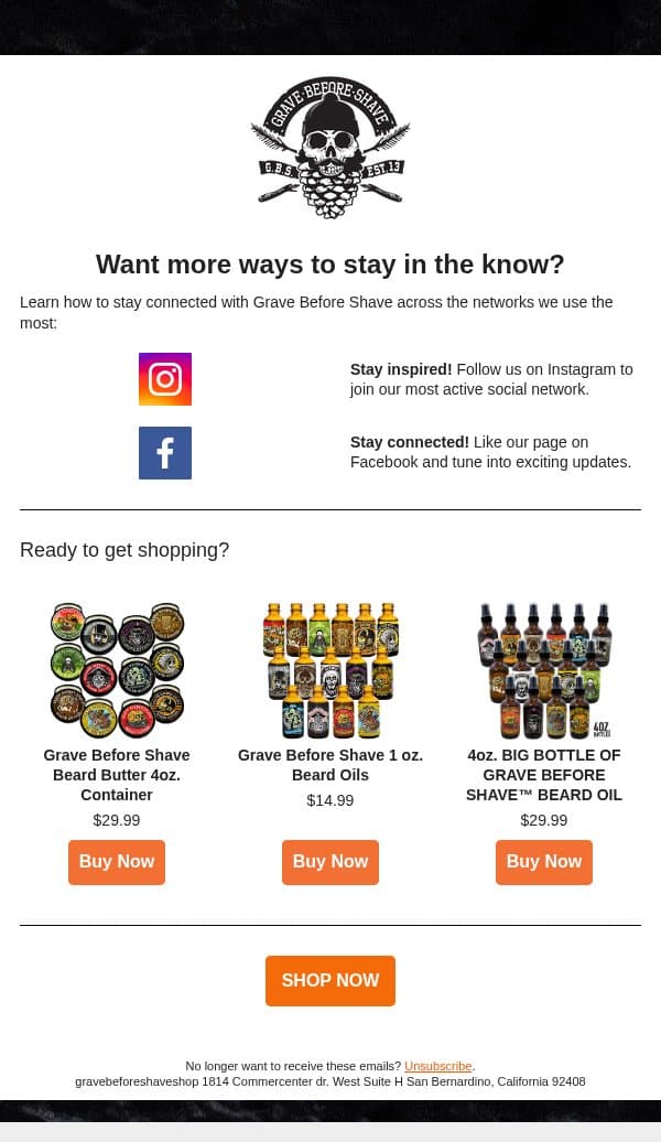 Want more ways to stay in the know? email from Grave Before Shave screenshot
